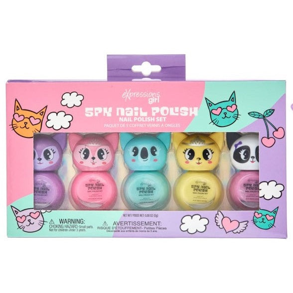 Five animal-shaped nail polish bottles in a pink box.